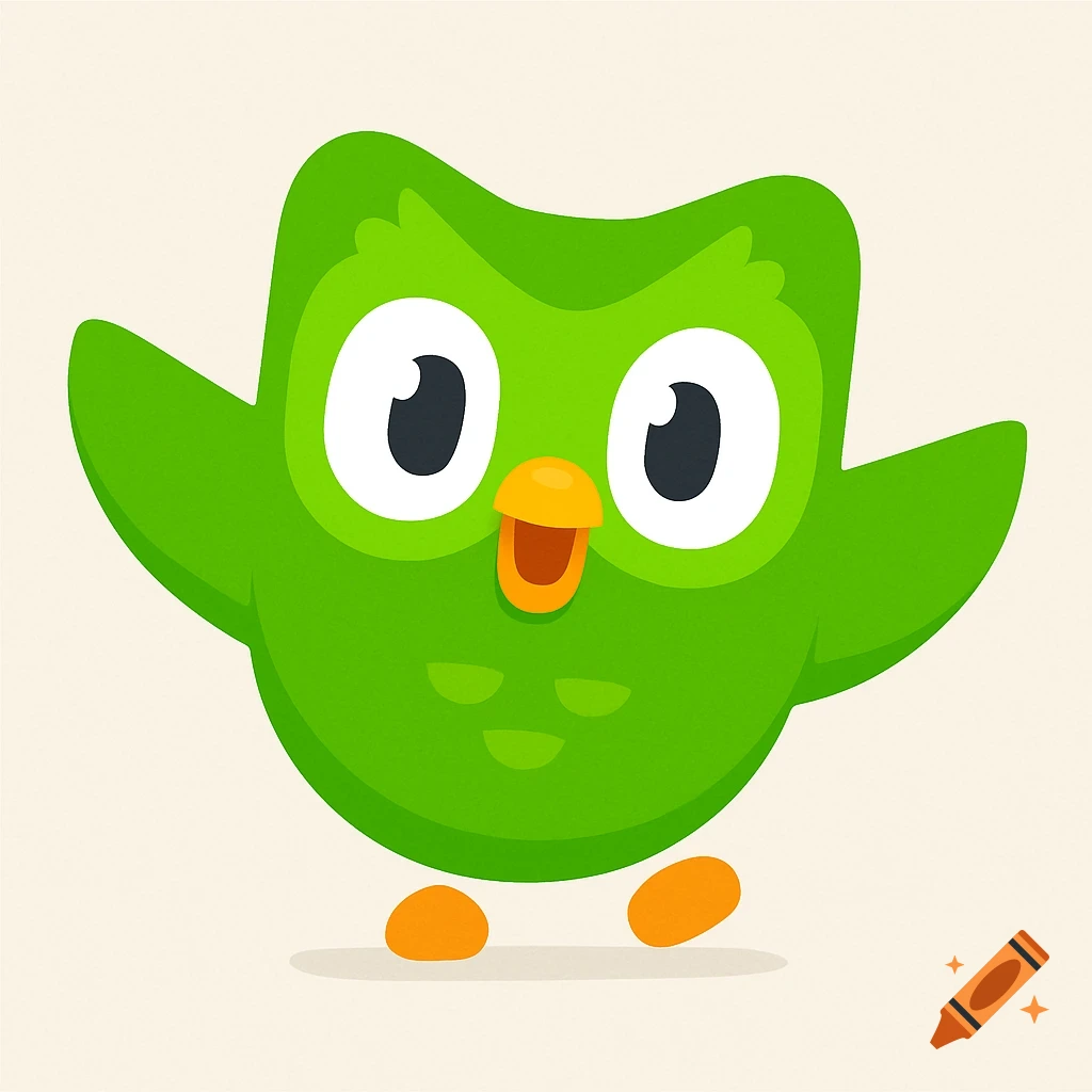 Cartoon of the green Duolingo owl mascot with wings spread and mouth open.
