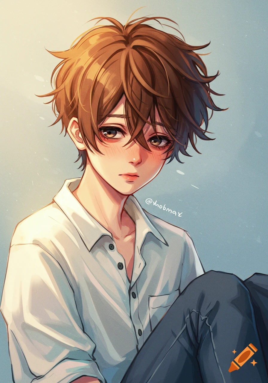 An anime illustration of a shy boy with brown hair wearing a white shirt.