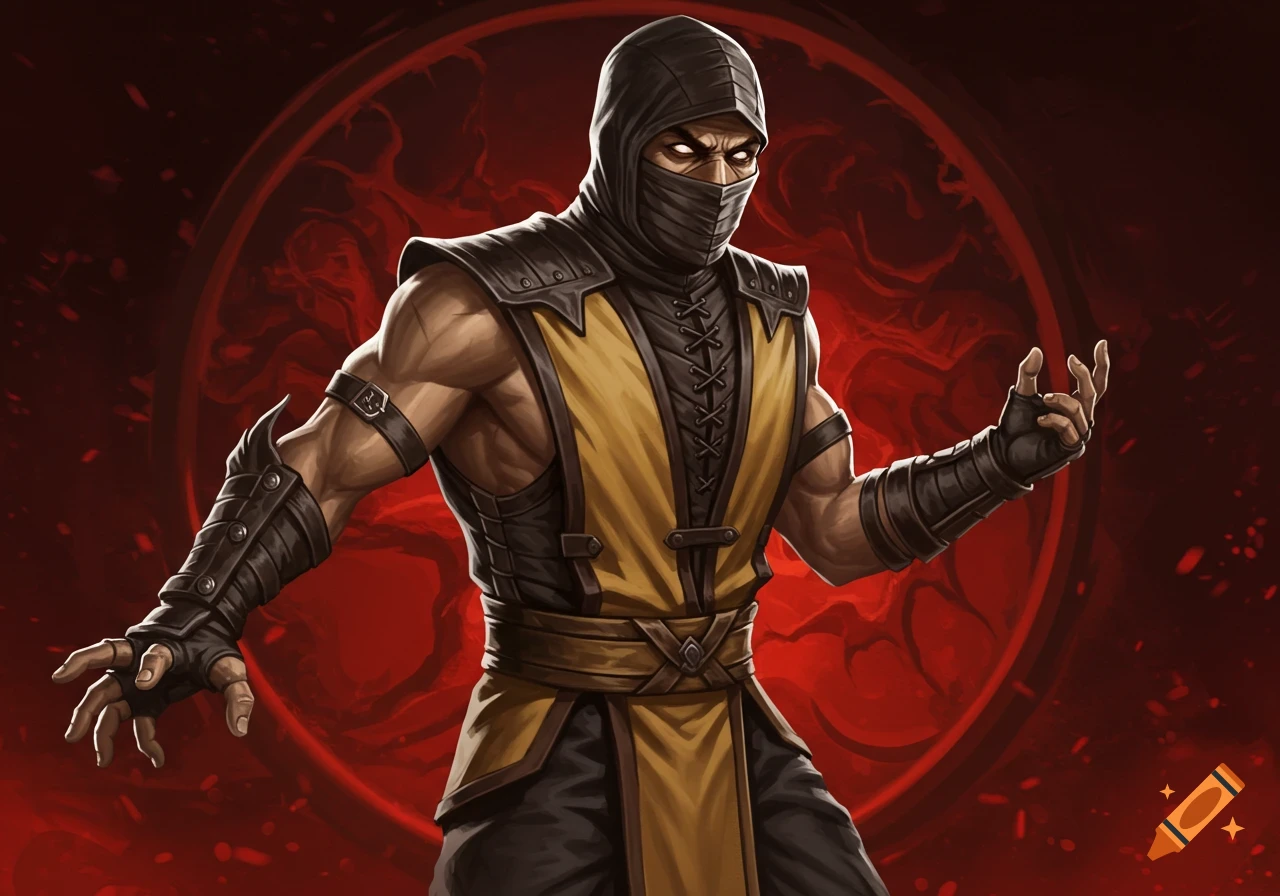 Illustration of Scorpion from Mortal Kombat in yellow and black ninja gear against a red background.