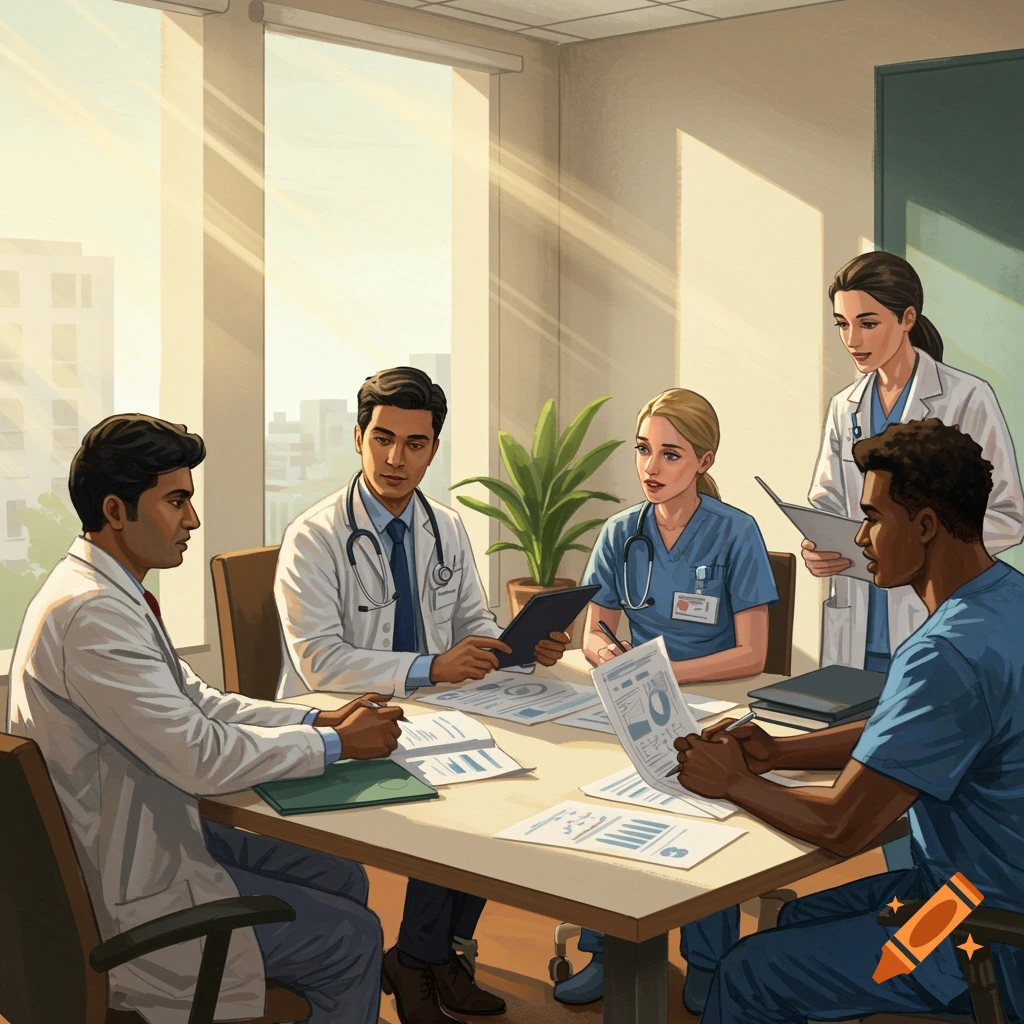 Five medical professionals, some in lab coats and some in scrubs, meet around a table with papers.