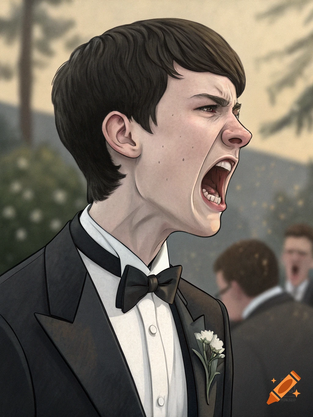 Stylized illustration of a young man in a tuxedo shouting aggressively