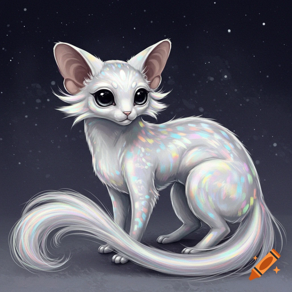 A white fantasy creature with iridescent fur, large black eyes, and a long bushy tail sits against a dark, starry background.