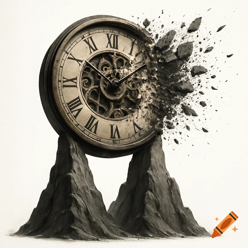 Hyper-realistic image of an old clock shattering into fragments while resting on two stone pillars.
