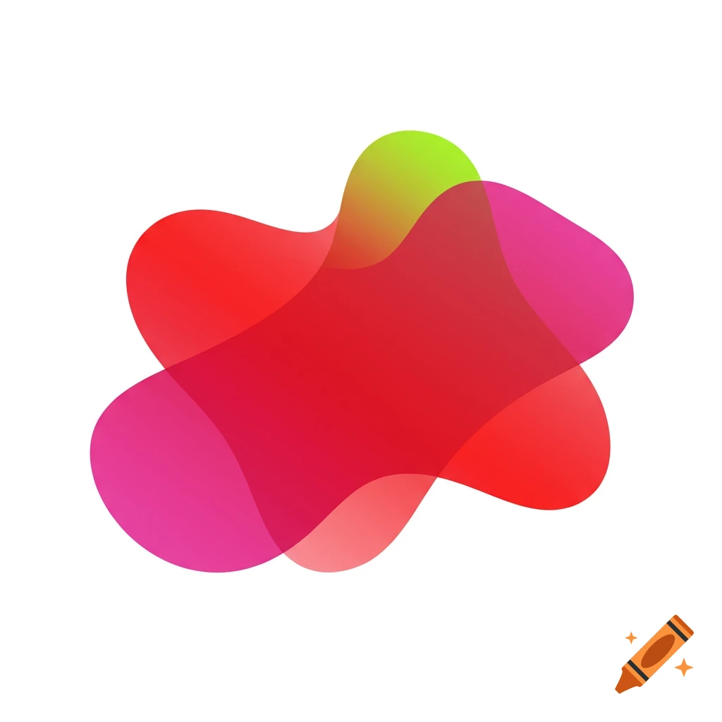 Abstract fluid shape with red, pink, and green gradients on white background.