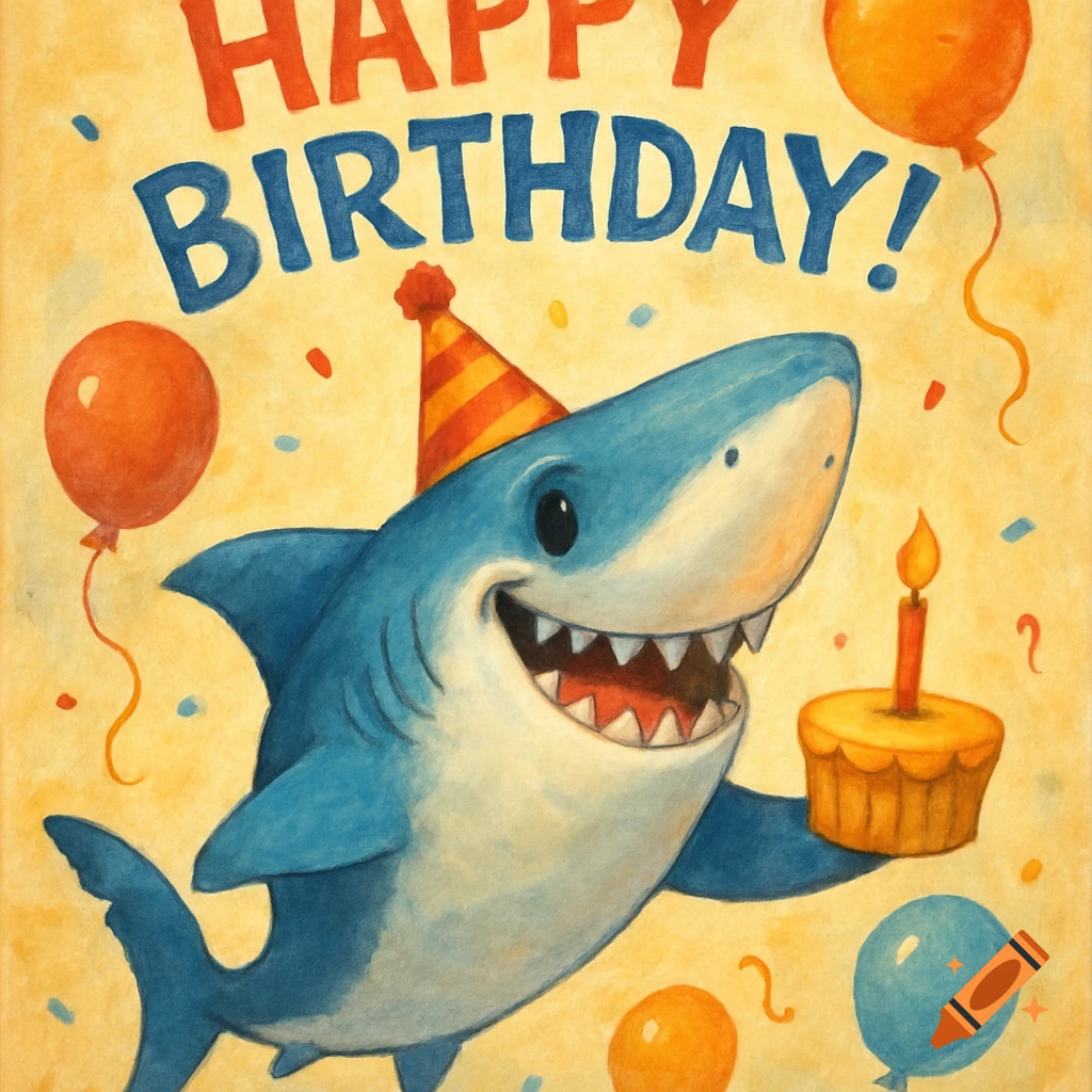Cartoon shark with party hat holds birthday cupcake, balloons, confetti, and 'Happy Birthday' text. Illustrated style.
