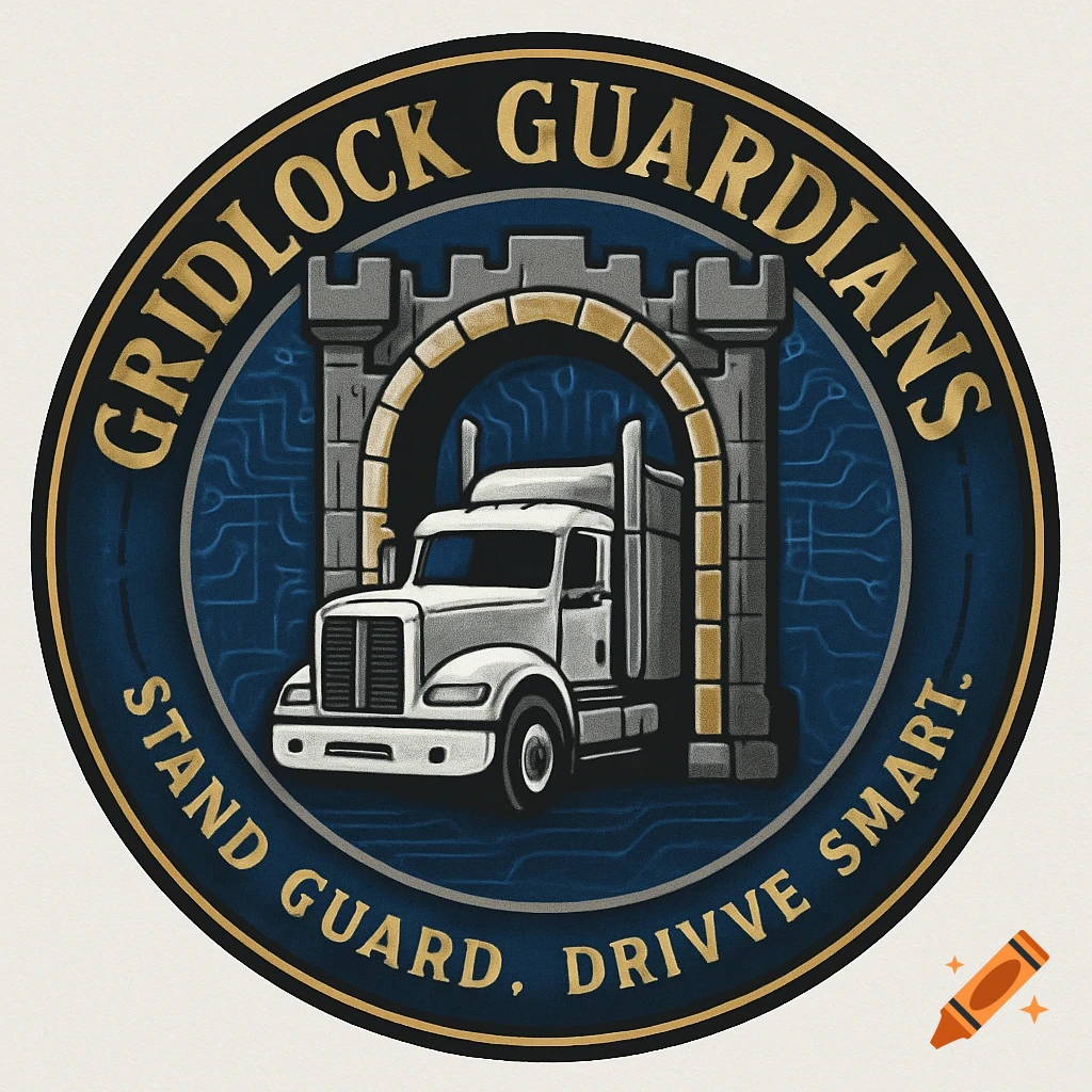 A circular logo features a white semi-truck passing under a stone archway, with a blue circuit pattern background. Gold text reads 'GRIDLOCK GUARDIANS' and 'STAND GUARD, DRIVVE SMART'.