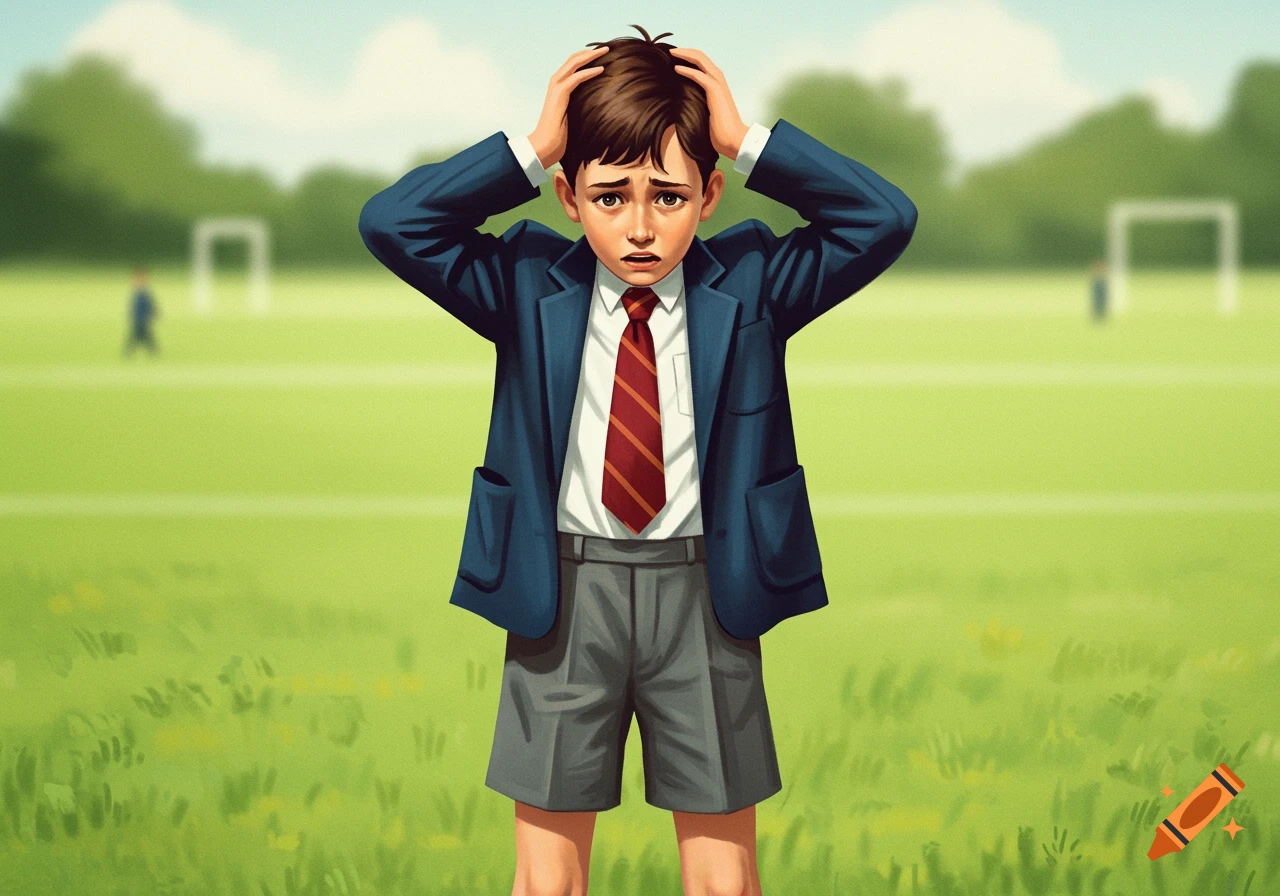 Illustration of a worried schoolboy in uniform with hands on his head standing on a field.