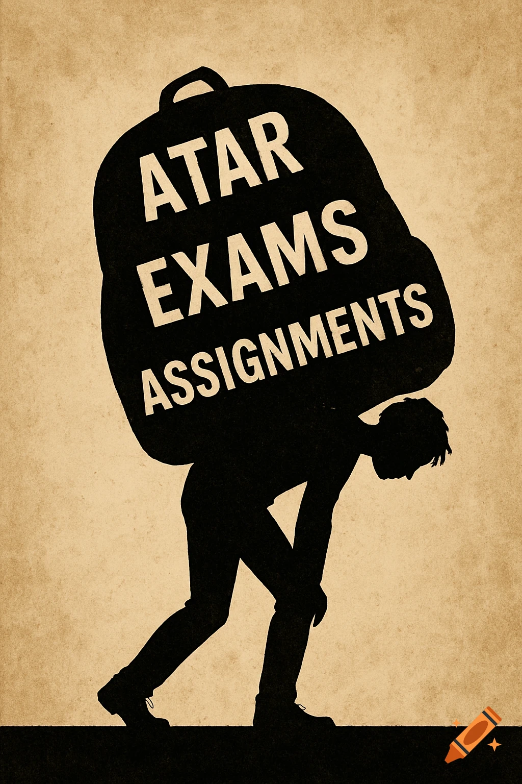 Silhouette of a student hunched under a large backpack labeled 'ATAR', 'EXAMS', 'ASSIGNMENTS' against a textured background.