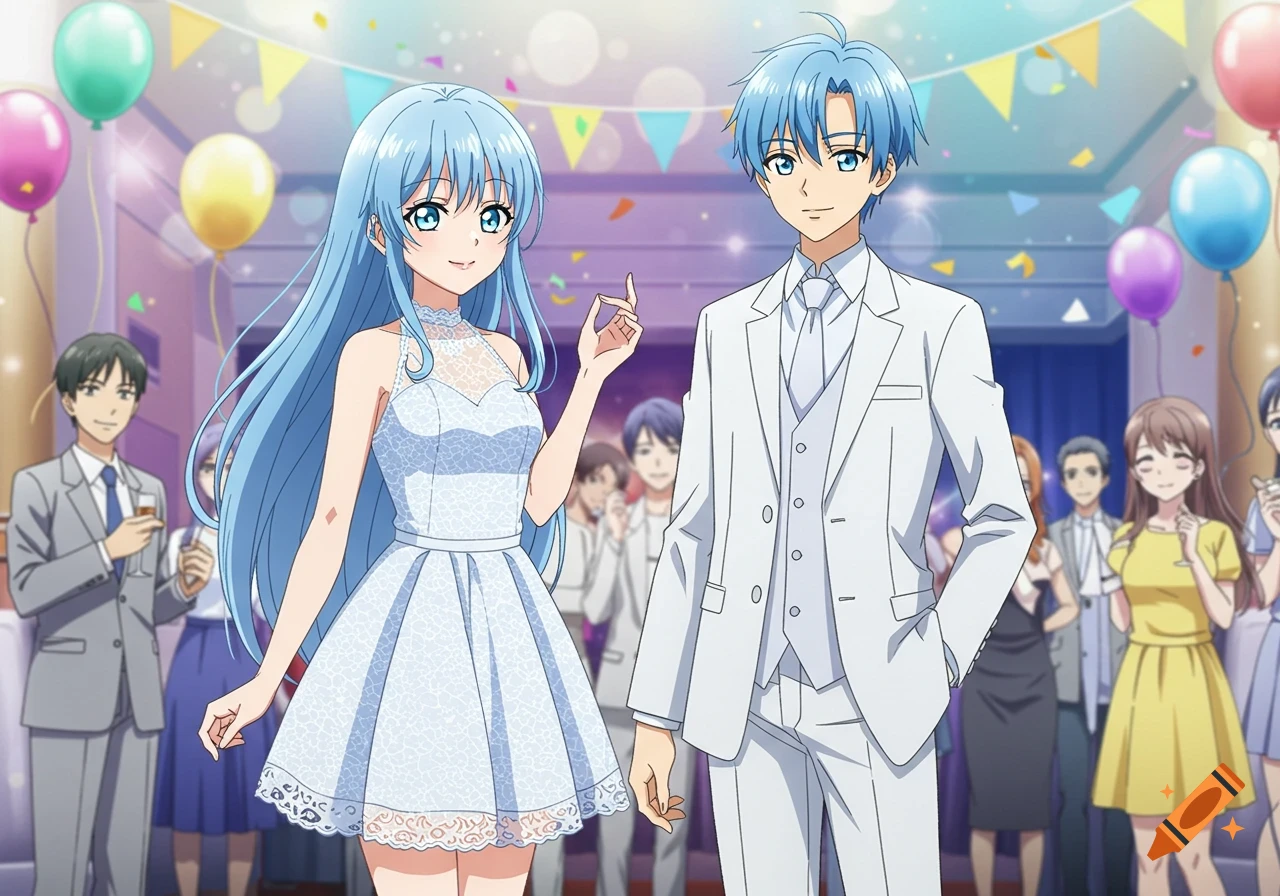 Anime boy and girl in white formal attire standing at a party