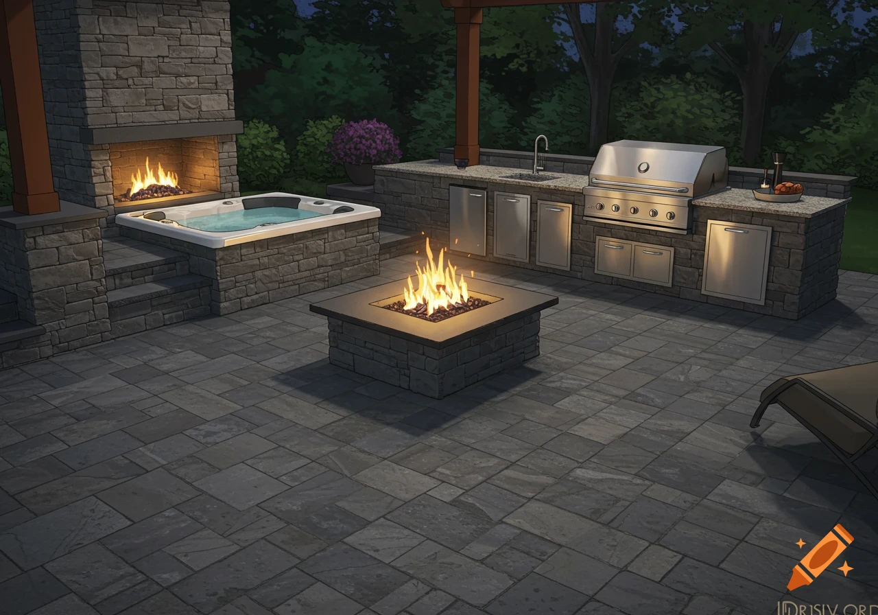 An outdoor patio with a hot tub, fireplace, fire pit, and outdoor kitchen.