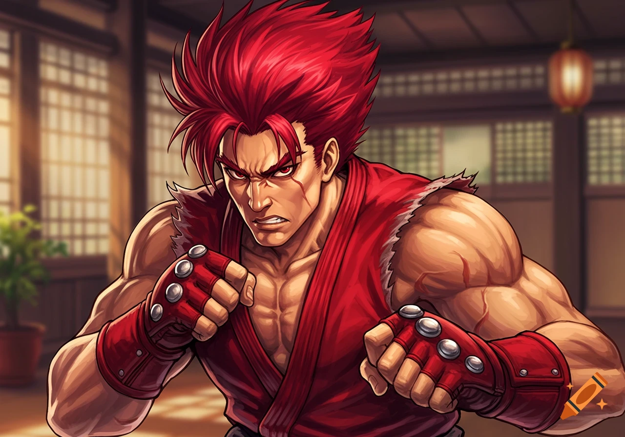 Muscular man with spiky red hair and fighting gloves in a combat stance against a background of a traditional Japanese building.