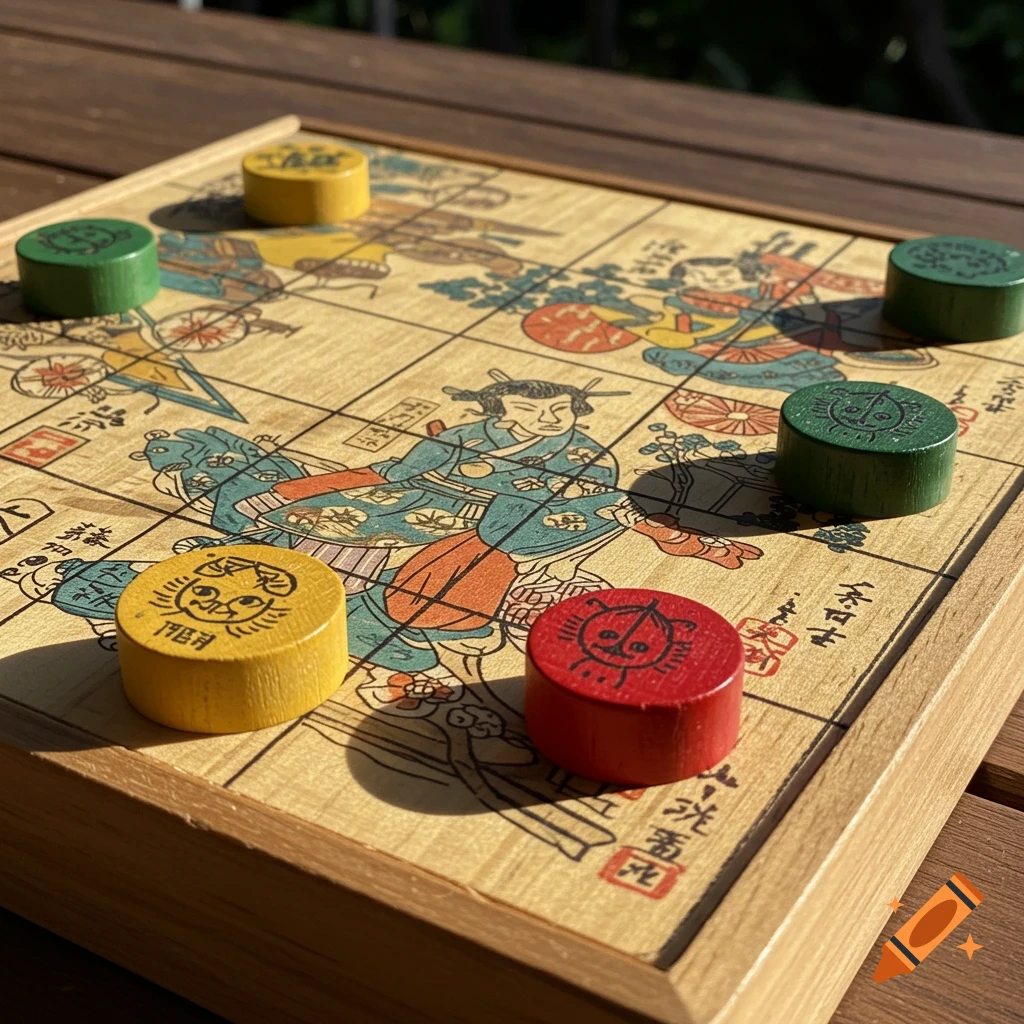 A wooden Japanese board game with ukiyo-e style illustrations and colorful game pieces.