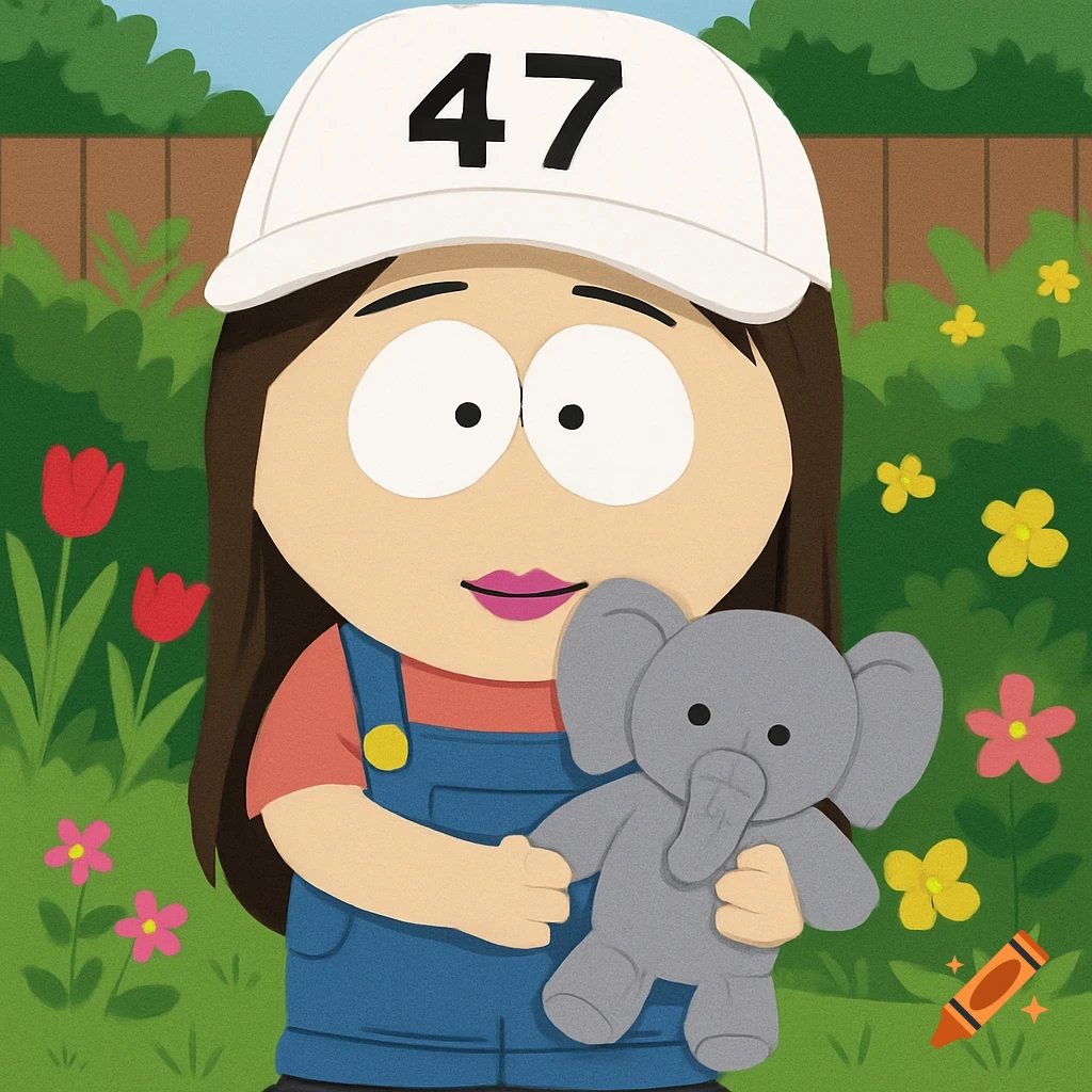 South Park-style character wearing overalls and '47' hat holds elephant toy in garden.