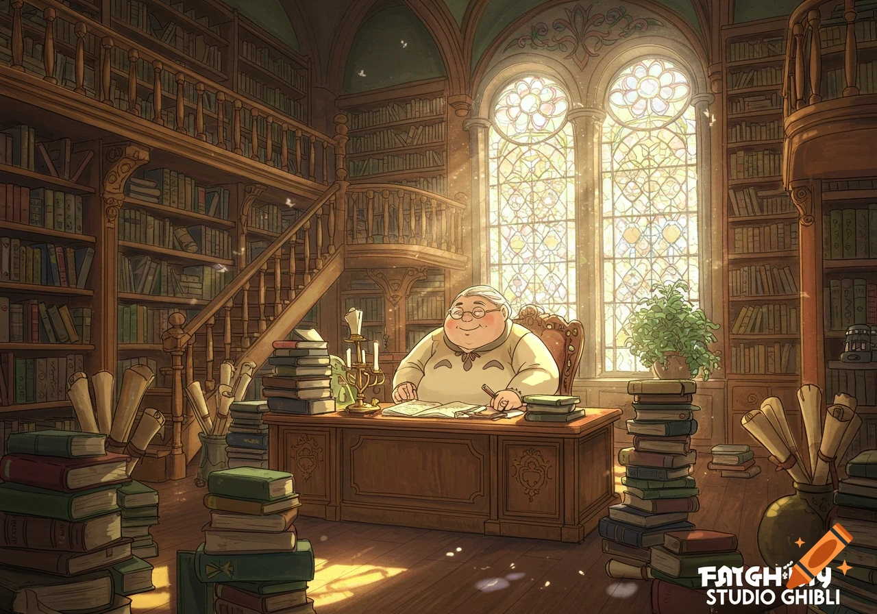 A portly person sits at a desk surrounded by stacks of books in a large, sunlit library, anime style.