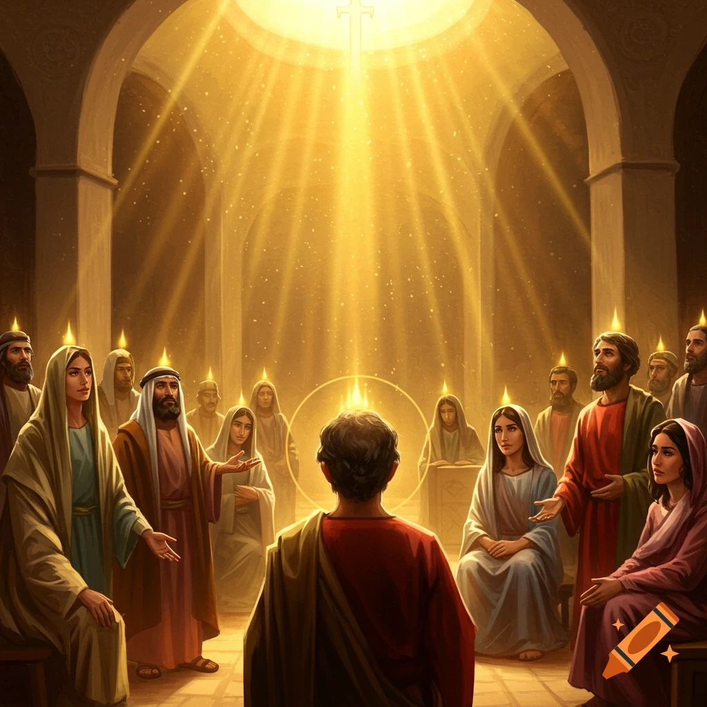 Biblical scene of people gathered as golden light descends from above.