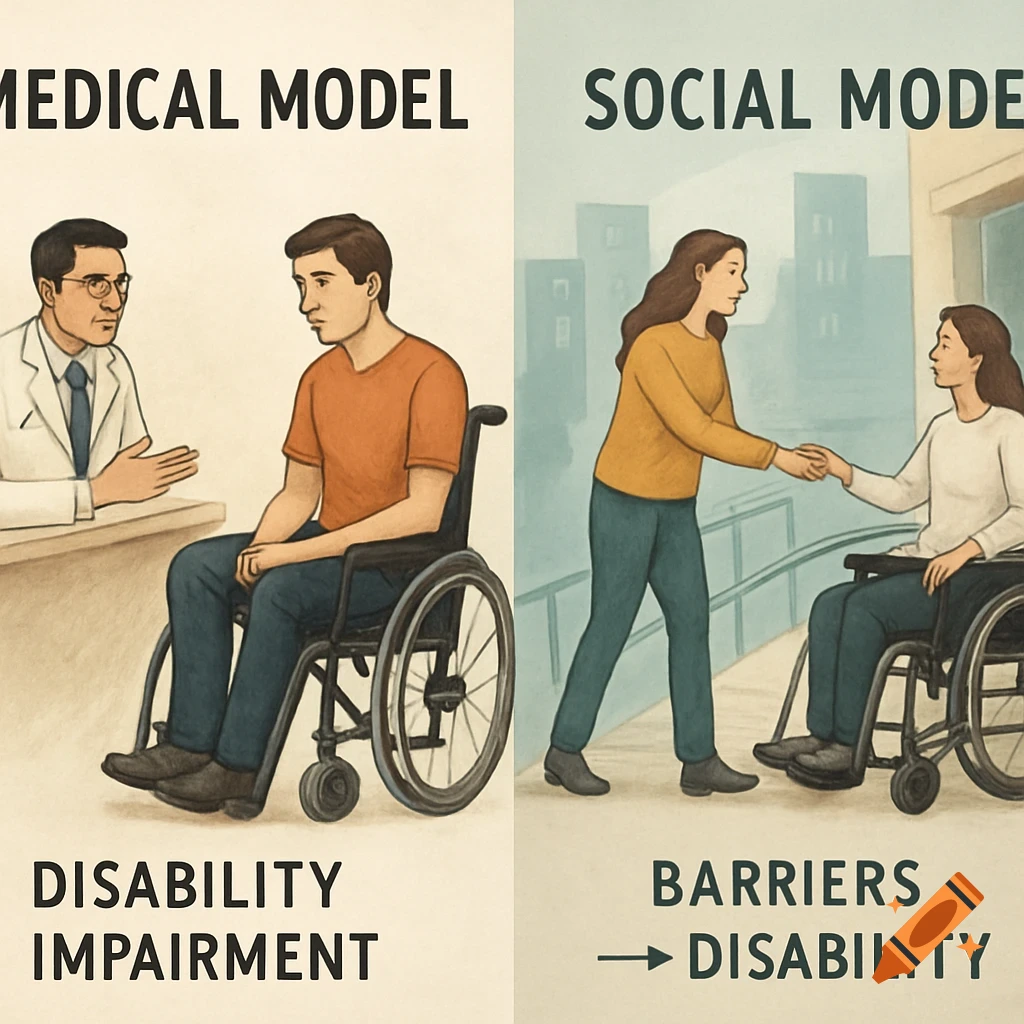 Illustration comparing the medical model (doctor and patient) and social model (two people shaking hands) of disability, with text labels.