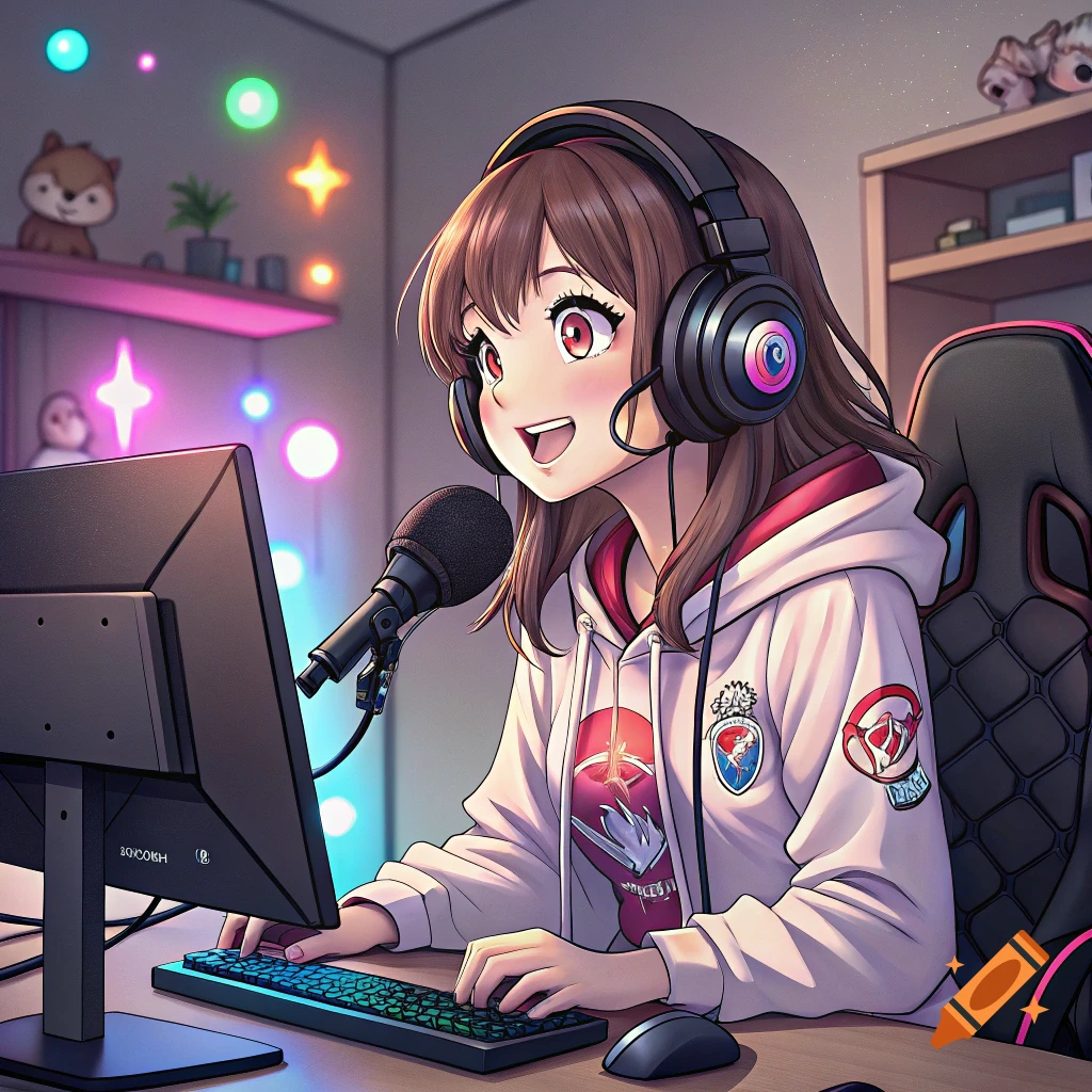 An anime girl streams online, wearing headphones and a headset microphone while sitting at a computer.