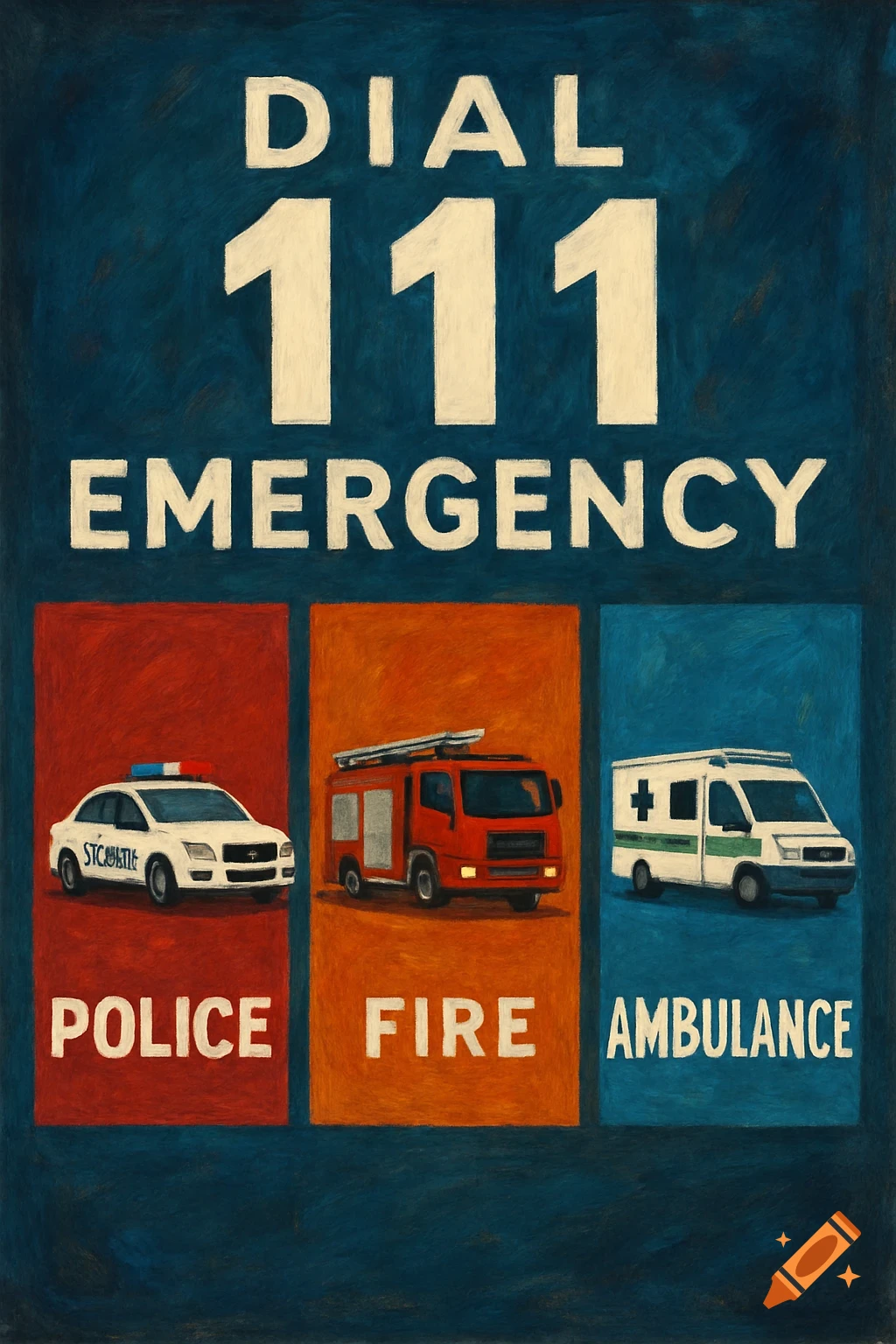 Painterly poster with text "DIAL 111 EMERGENCY" over three panels showing a police car, fire truck, and ambulance, labeled "POLICE", "FIRE", "AMBULANCE".