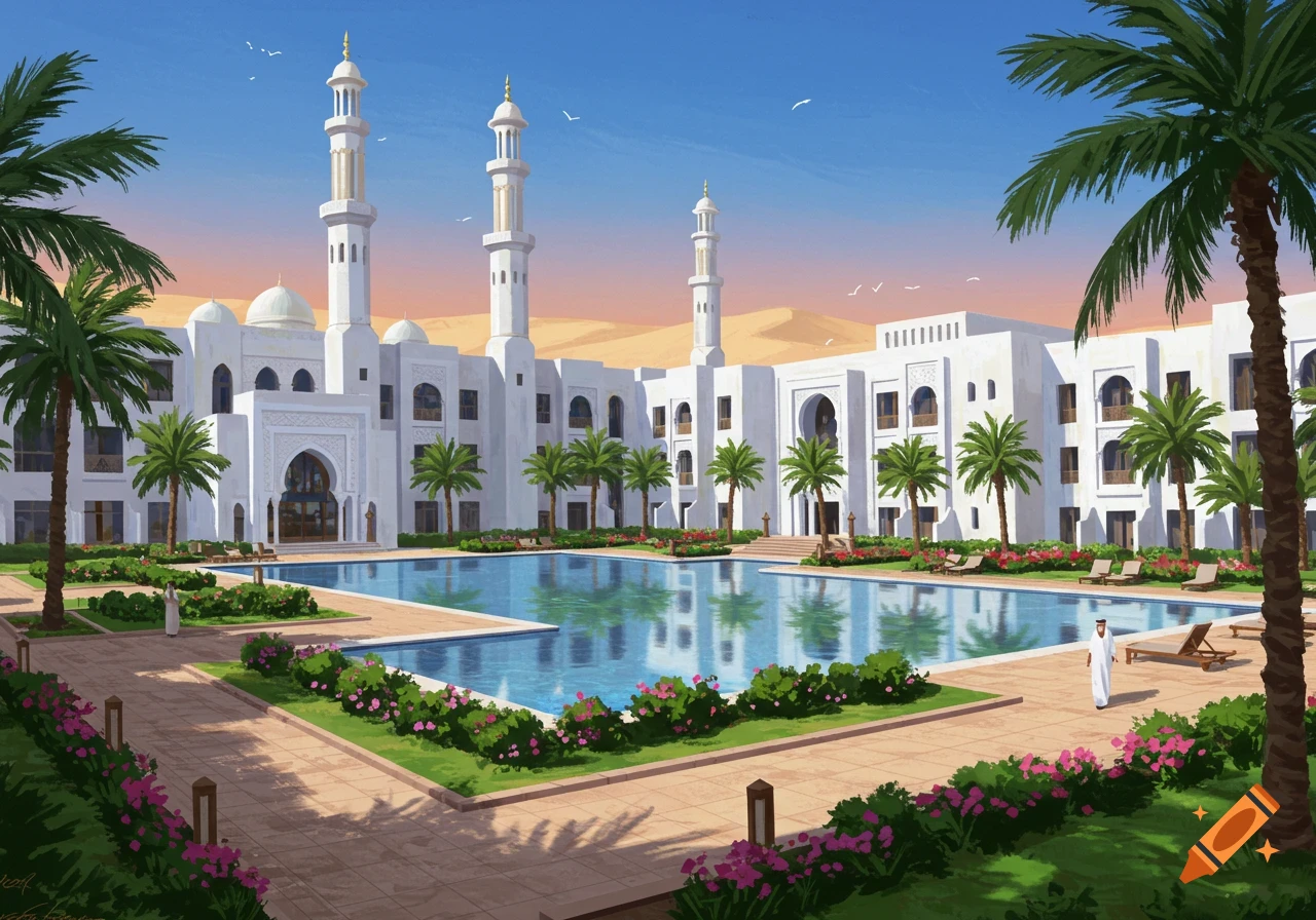 Illustrative painting of a white resort building with domes and minarets around a large swimming pool, with palm trees, gardens, and a person in traditional clothing. Sand dunes and sky are in the background.