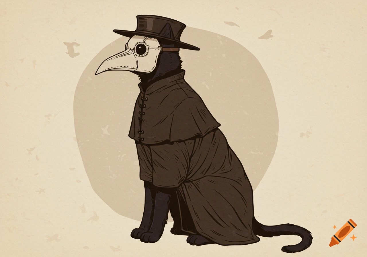 Illustration of a sitting cat wearing a plague doctor costume.