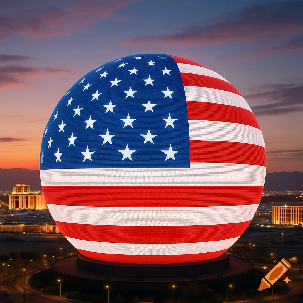 A large sphere covered in the American flag pattern stands over a city skyline at sunset.