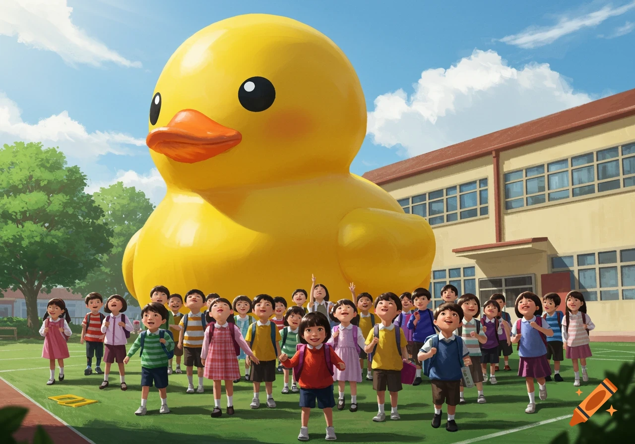 A giant yellow rubber duck towers over a group of smiling kids on a school field.