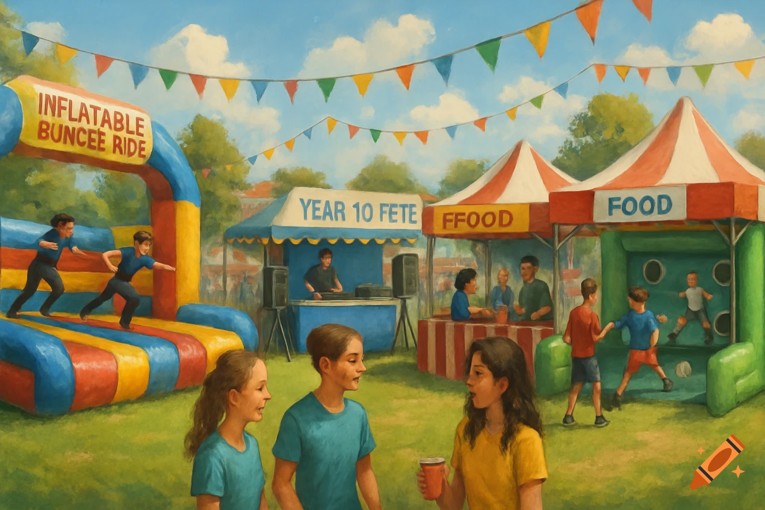 A painterly scene of a school fete with an inflatable ride, food stalls, and people gathered outdoors.