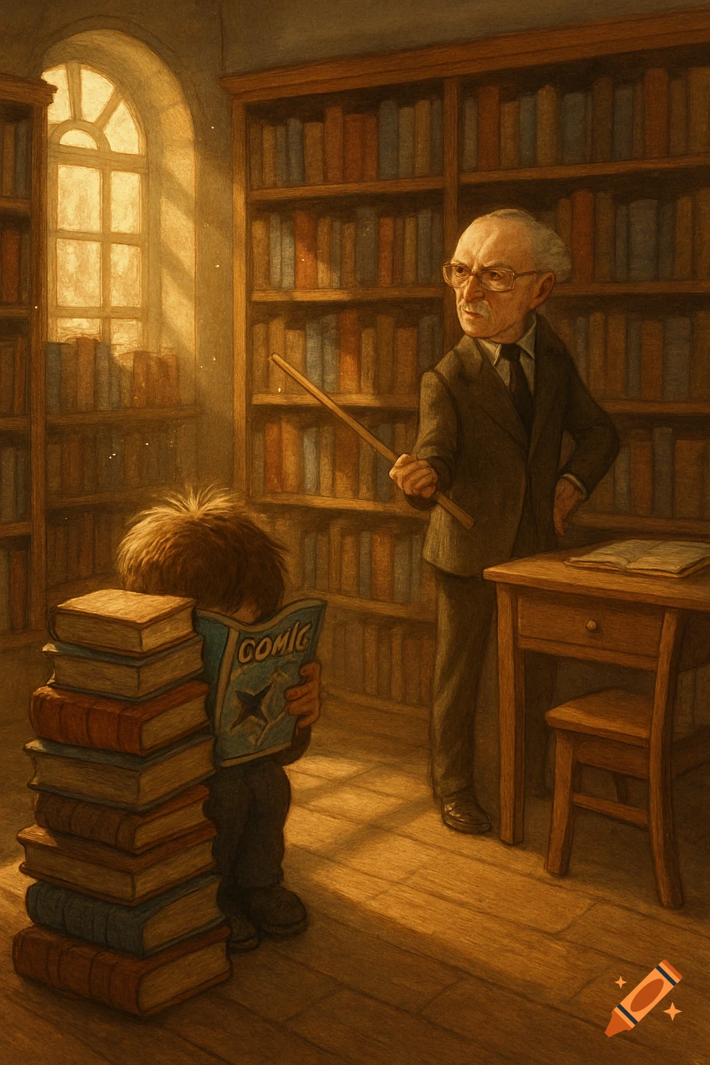 Illustrated scene of a boy reading a comic behind books in a library as a teacher watches.
