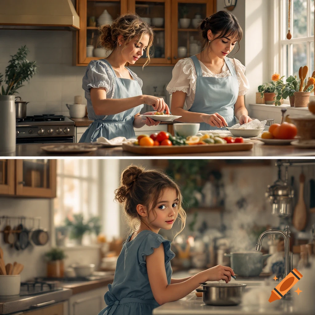 Two women and a girl in a kitchen. Top shows women cooking, bottom shows a girl by the sink.