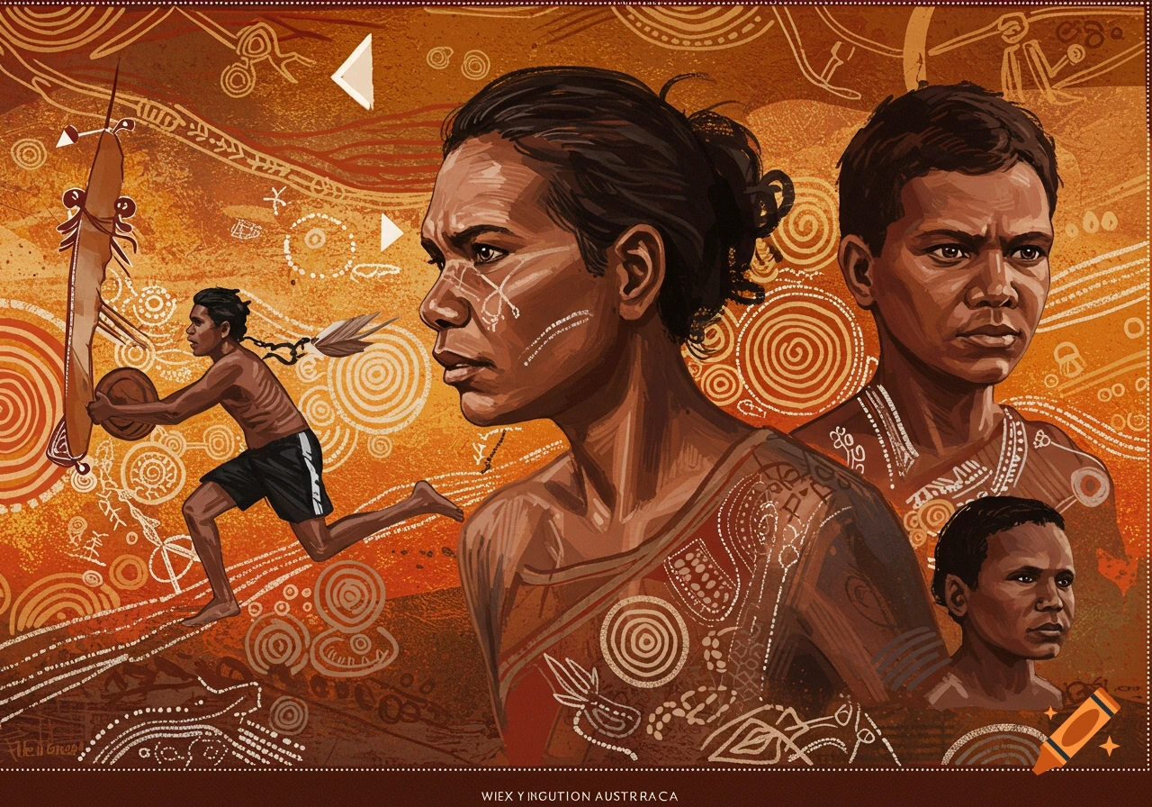 Illustration of Indigenous people, a runner, and symbolic patterns