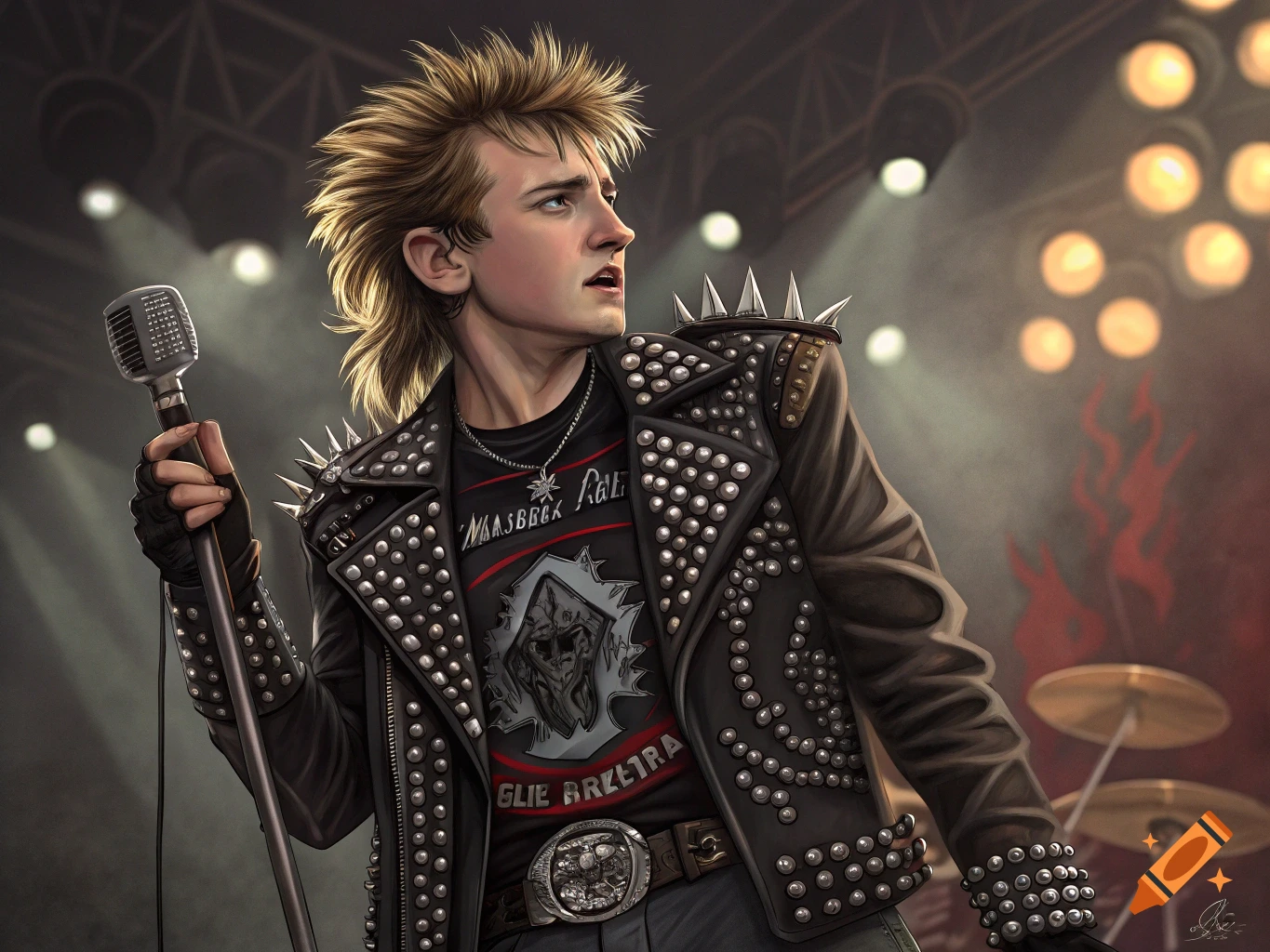 Illustration of a young man in a studded leather jacket singing into a mic on stage.