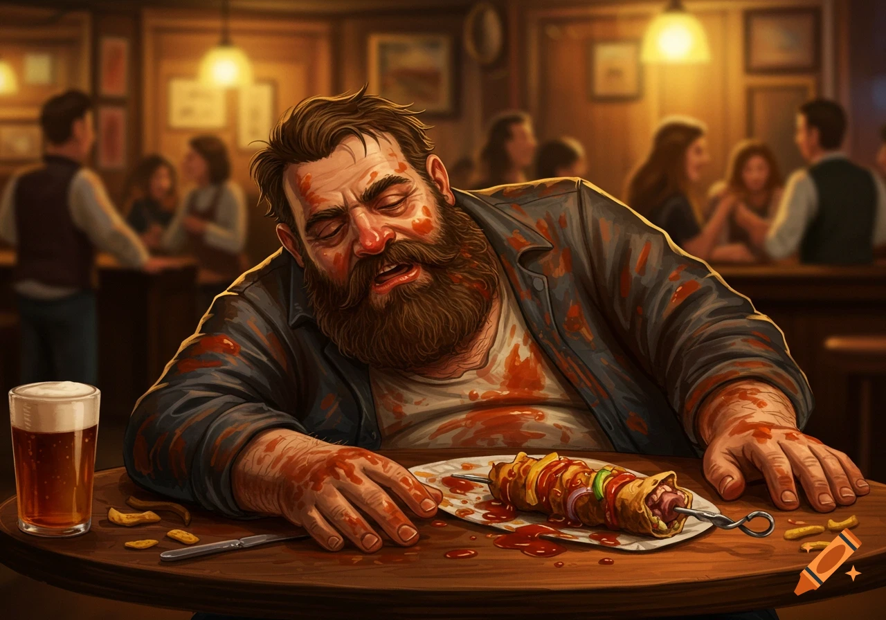 Illustration of a messy, drunk man at a pub table with a kebab.