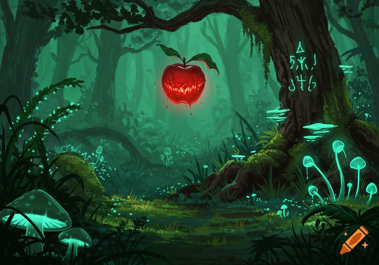 Illustration of a dark, spooky forest with glowing blue mushrooms and plants, featuring a glowing red apple with a fanged mouth hanging from a tree.