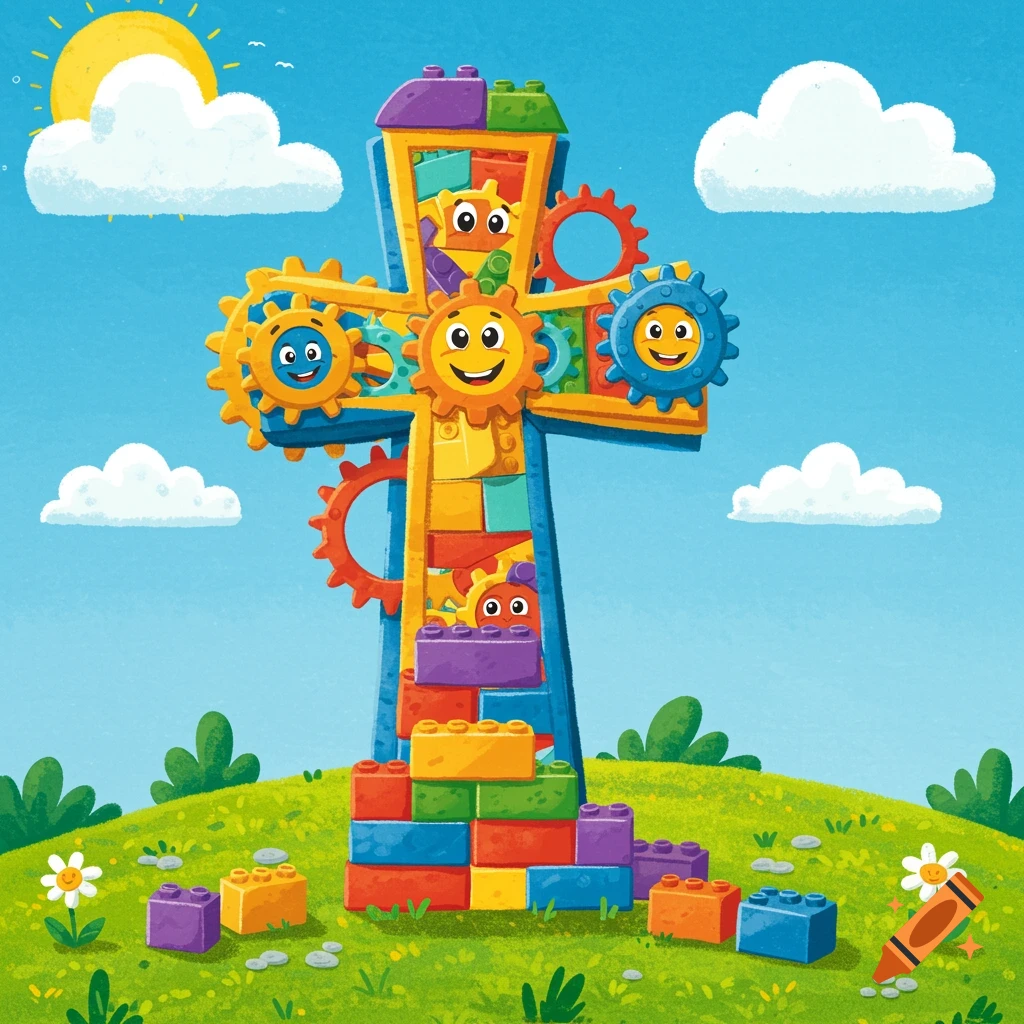 Colorful cartoon cross made of building bricks and gears with smiley faces in a landscape.