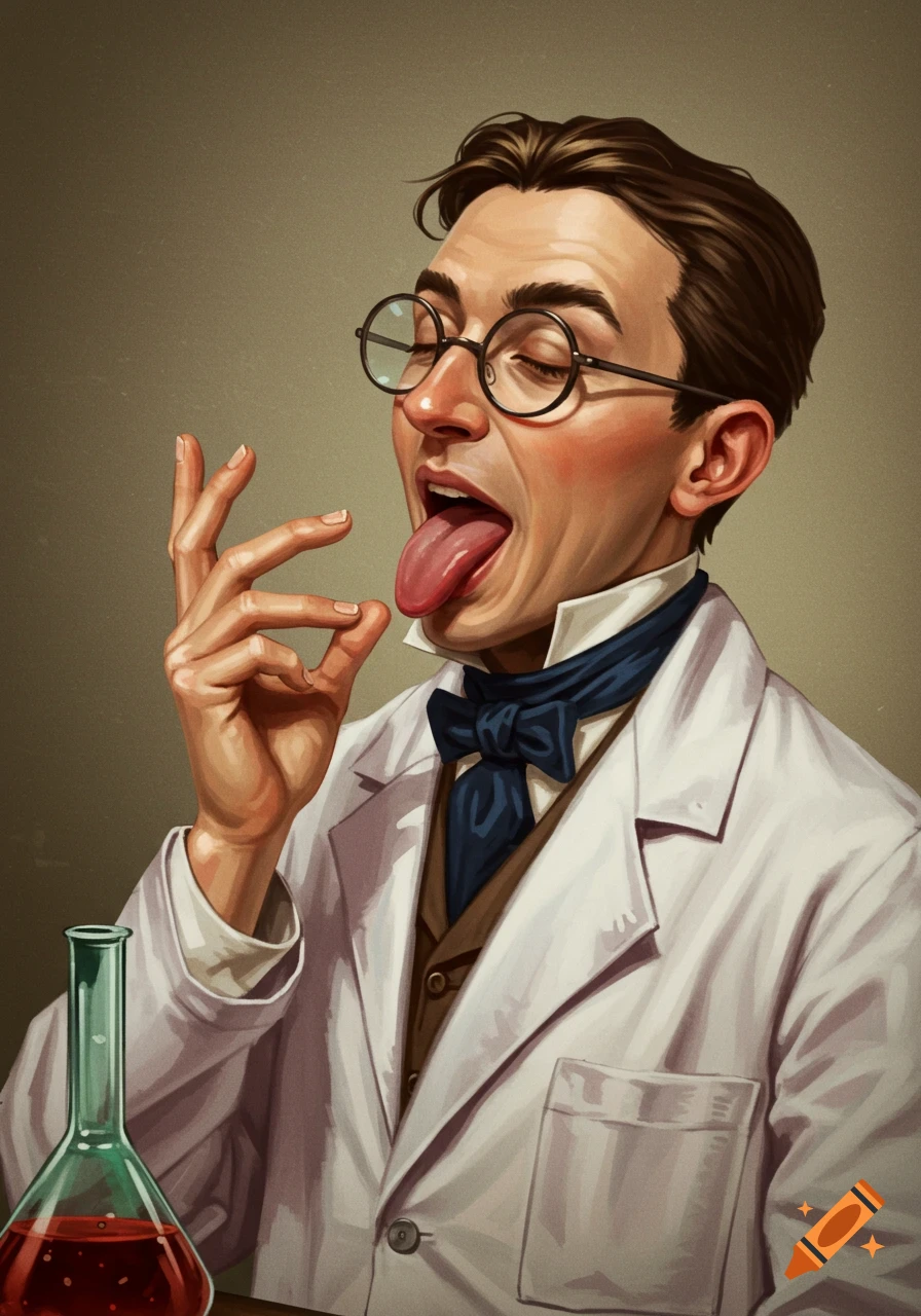 Vintage illustration of a scientist in a lab coat licking something from his hand.