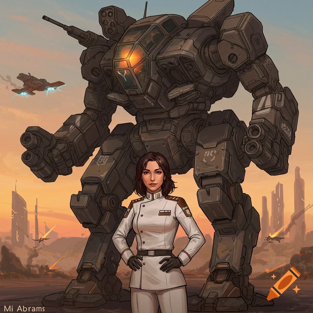 Illustrated woman in military uniform standing in front of a large mech in a futuristic desert landscape.