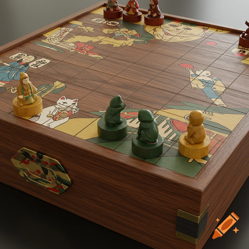Wooden Japanese board game with carved pieces and ukiyo-e style illustrations on the board.