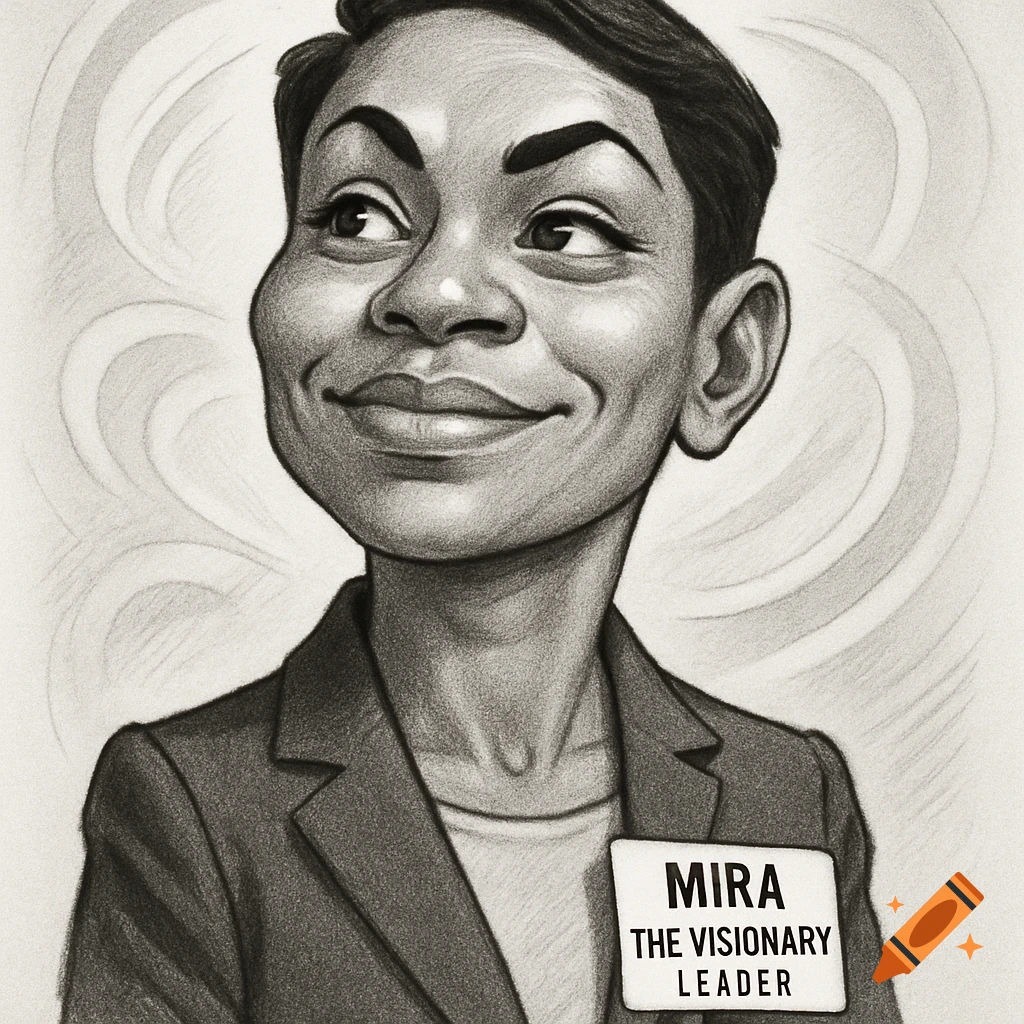 Pencil sketch caricature headshot of a woman wearing a blazer and name tag.