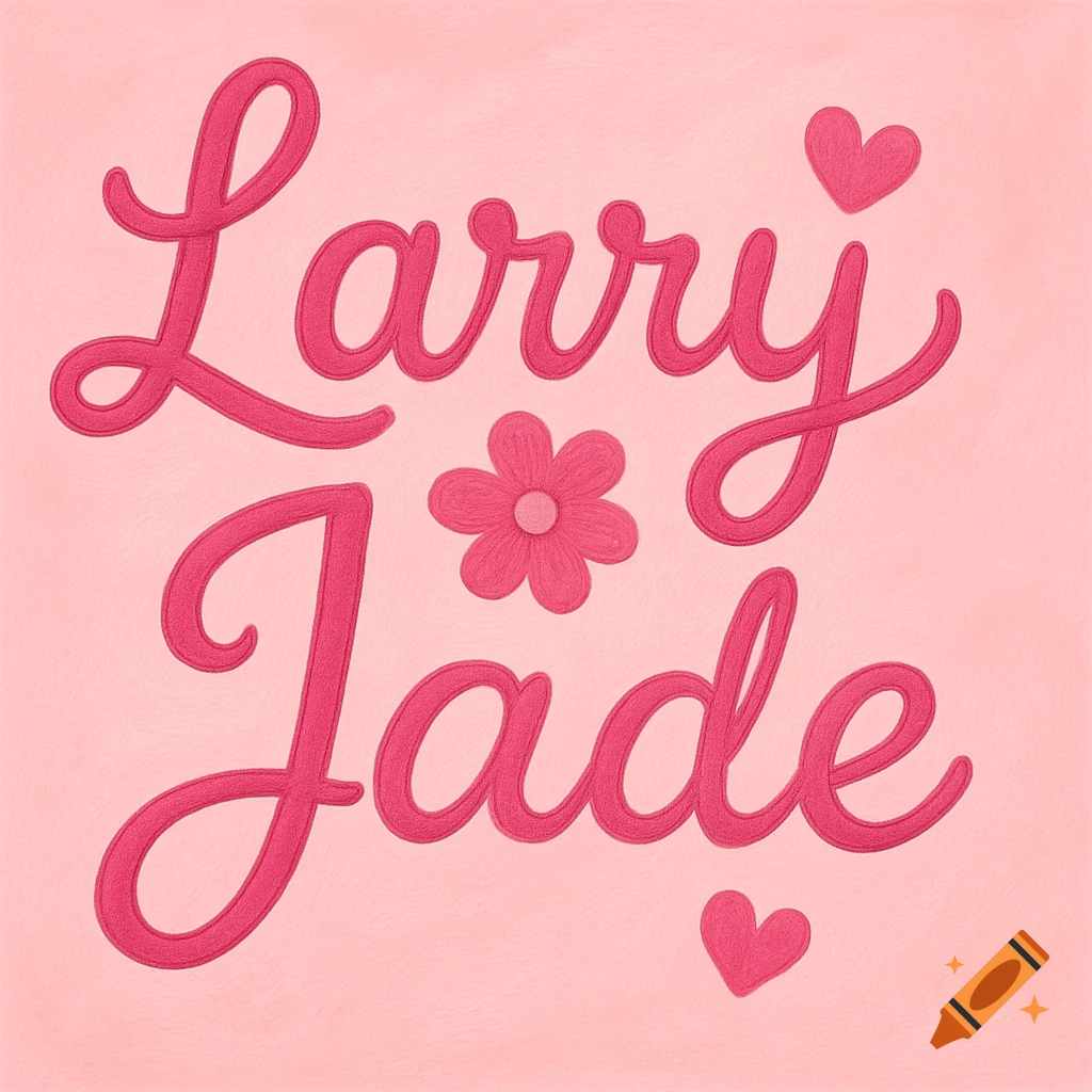 Larry Jade written in decorative pink script with hearts and a flower on a pink background.