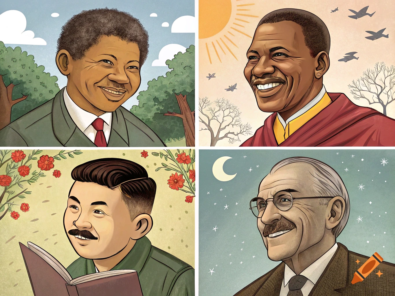 Four cartoon portraits of historical figures including Nelson Mandela, Gandhi, and others, in a yearbook style.