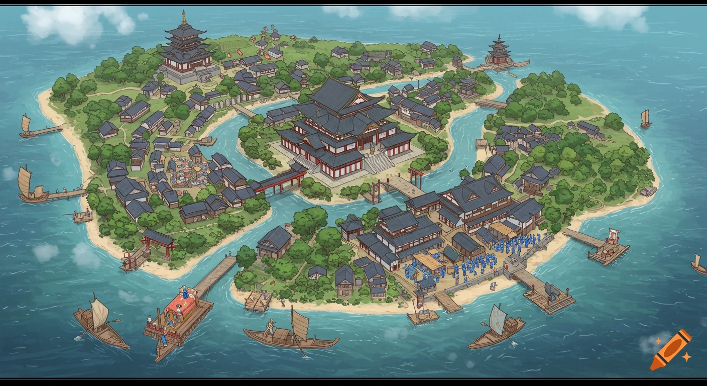 Stylized bird's eye view illustration of an ancient Japanese island city with canals, buildings, temples, and boats.