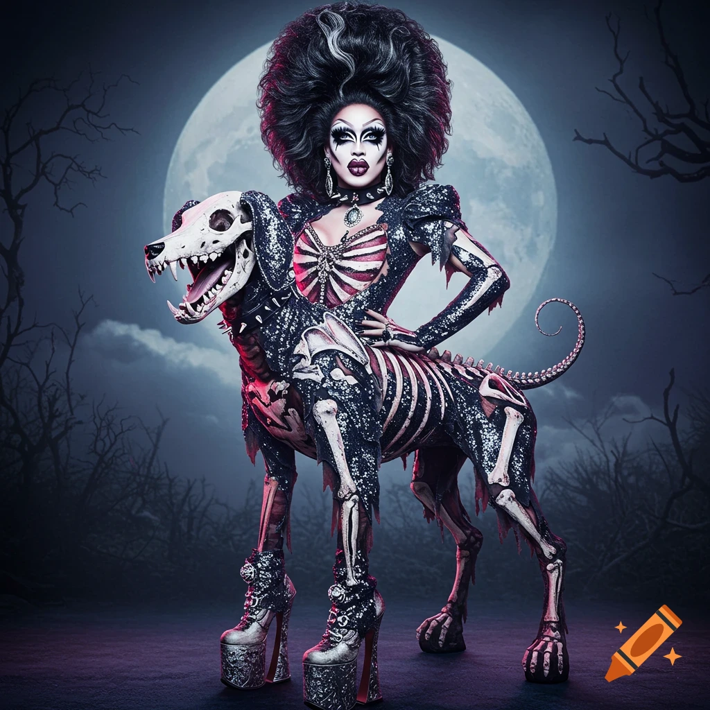 Drag queen in skeletal costume riding a skeletal dog under a full moon