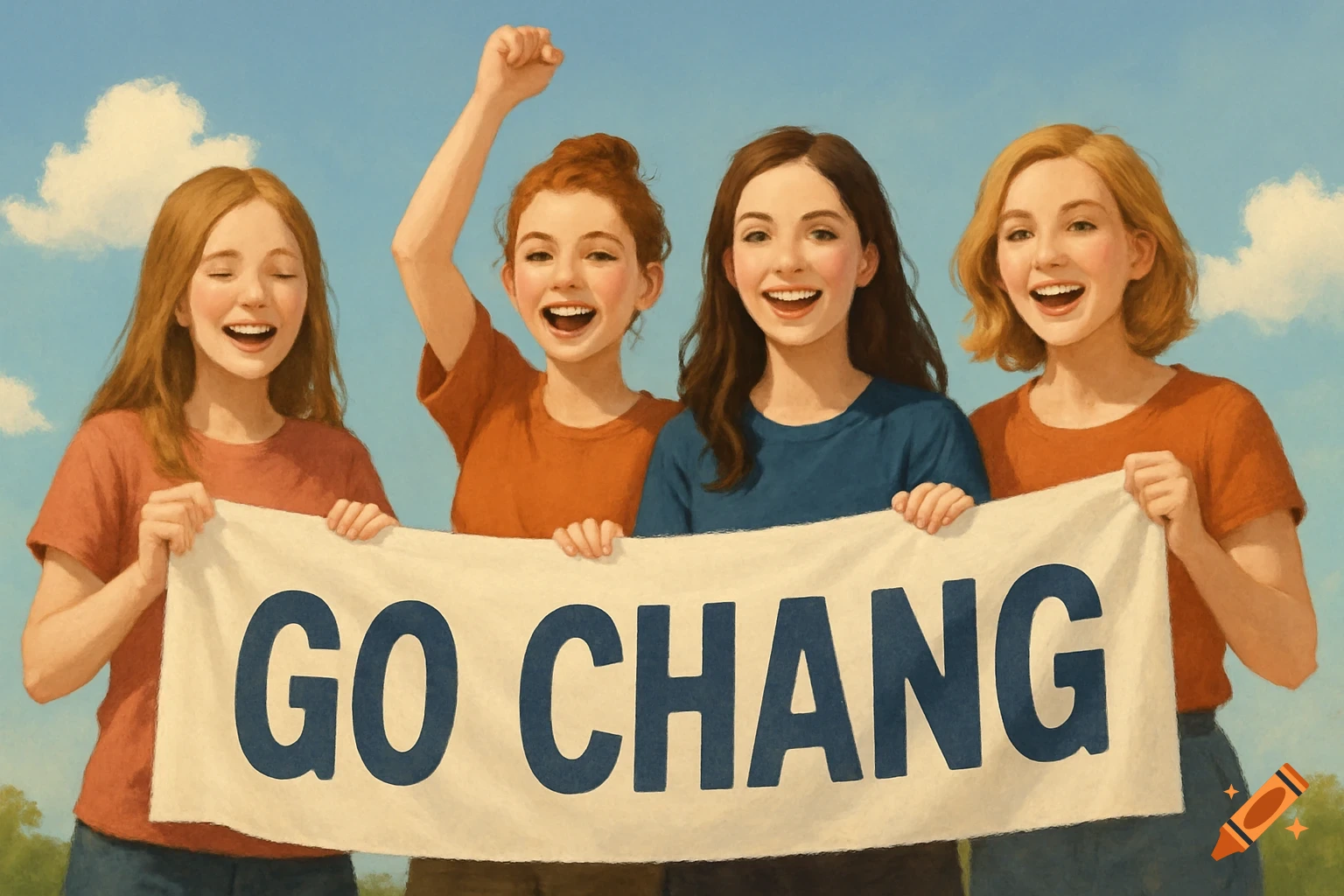 Four smiling young women hold a white banner with the words "GO CHANG" in dark blue letters, outdoors under a blue sky.