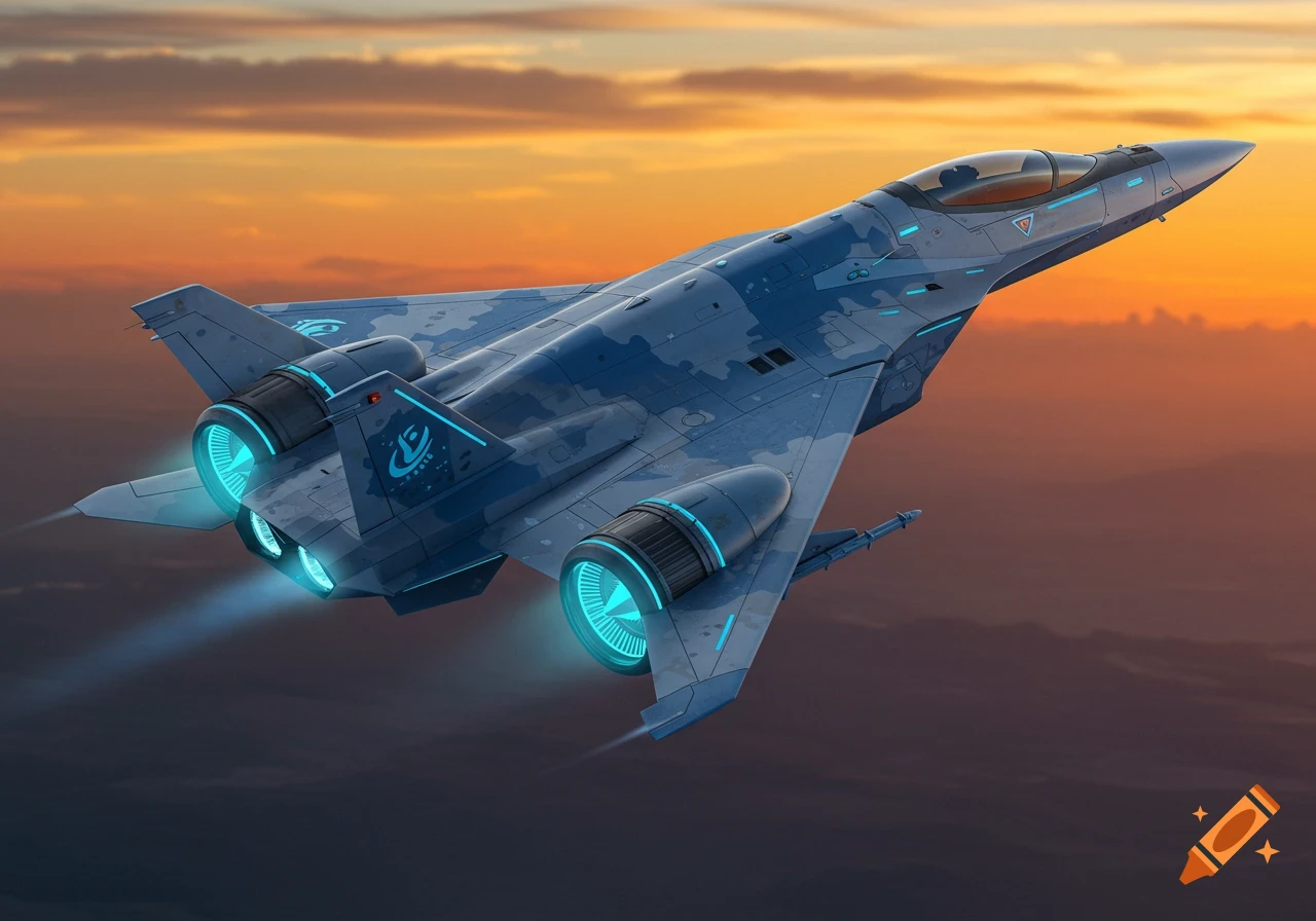 Futuristic blue and grey camouflage jet fighter flies through orange sunset sky.