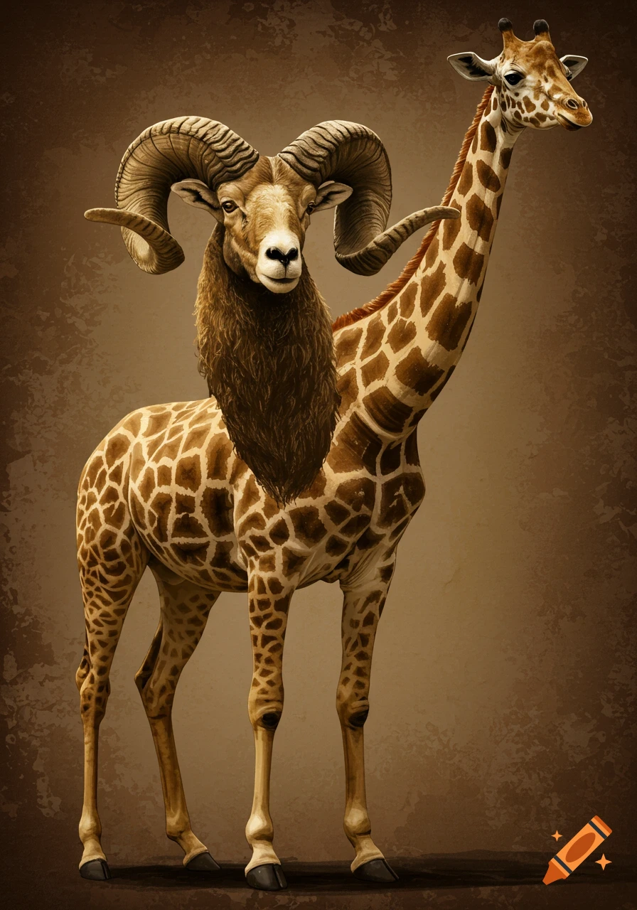 A fantasy creature hybrid with a ram's head and horns on a giraffe's body and legs.