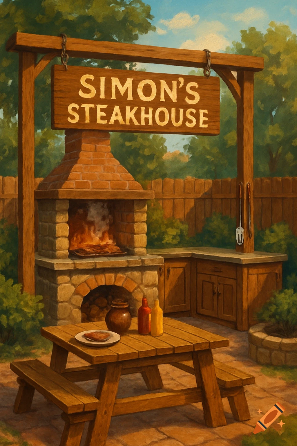 An outdoor steakhouse barbeque area with a sign.