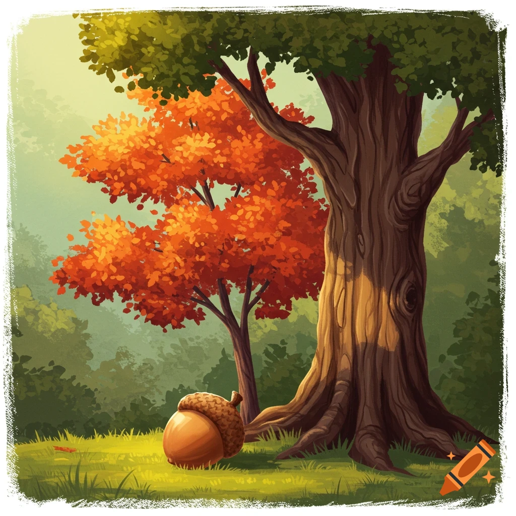 Illustration of an acorn, oak tree, and maple tree with autumn leaves on grassy ground.