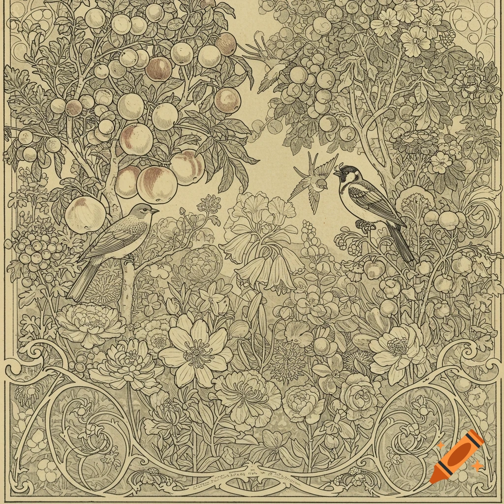 Art Nouveau ink drawing with birds, fruit, and flowers.