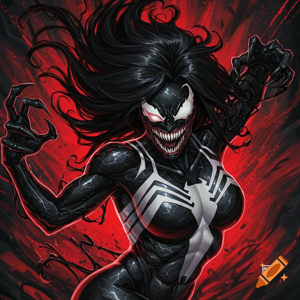 Comic book art of a female Venom with long black hair against a red background.