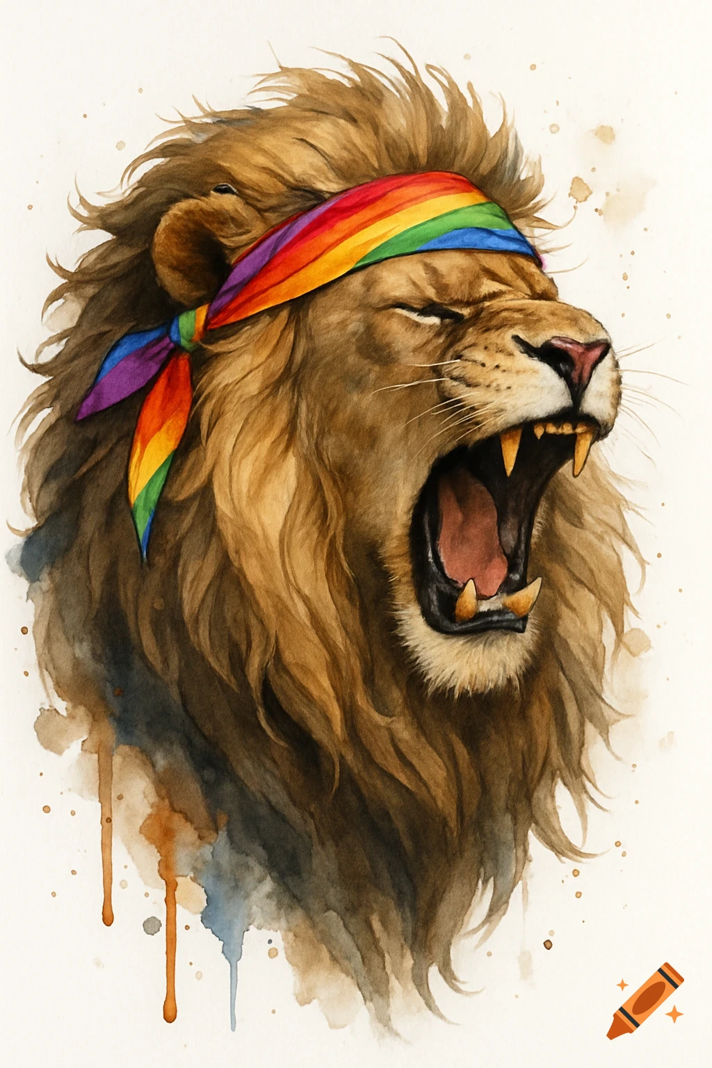 Watercolor illustration of a roaring lion wearing a rainbow bandana.